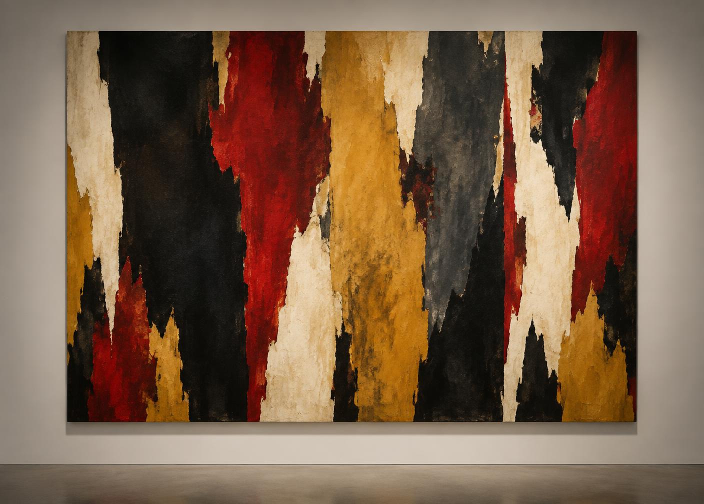Abstract expressionist painting reference with torn vertical planes of charcoal, red, ochre, and cream